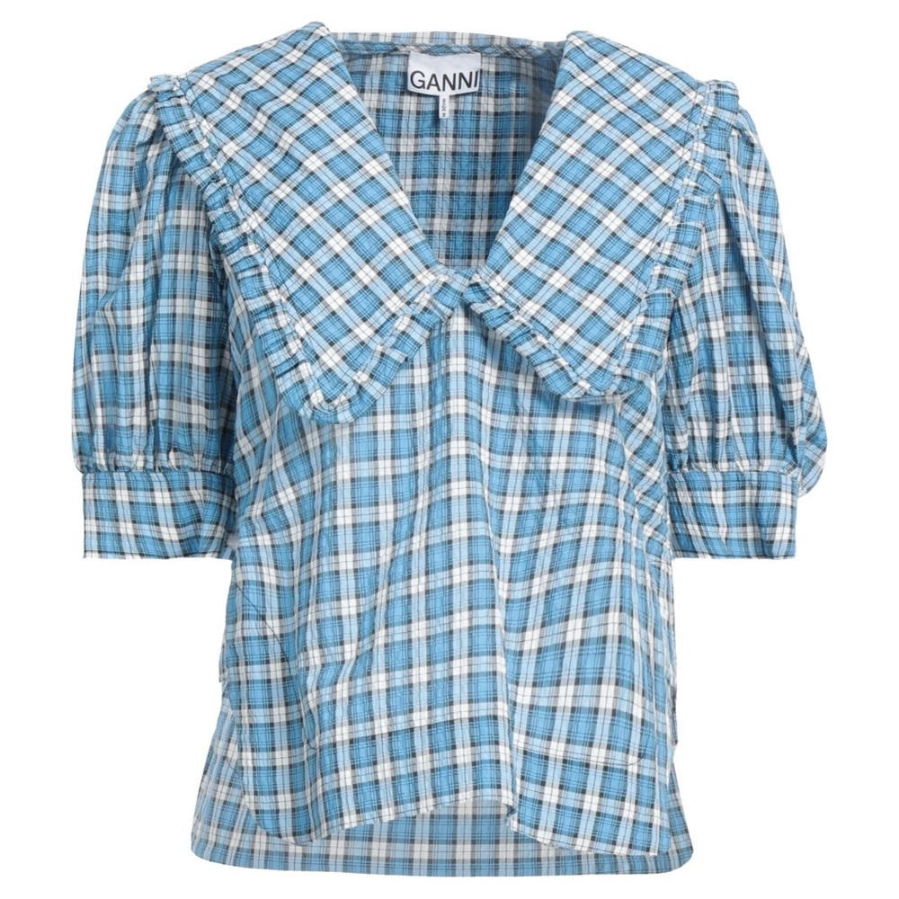 Ganni Checkered Blue and White Seersucker V Neck Top.
